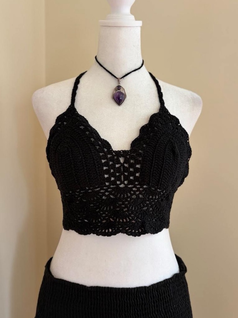 Black lace crochet halter tank top embroidered knit boho whimsygoth hippie Y2K